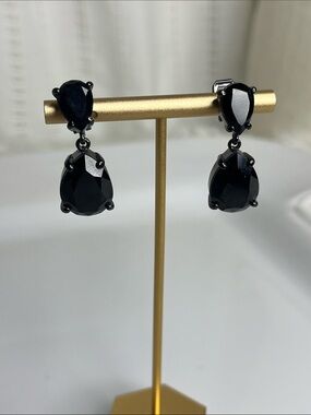 Carolee Black Teardrop Double-Drop Clip Earrings